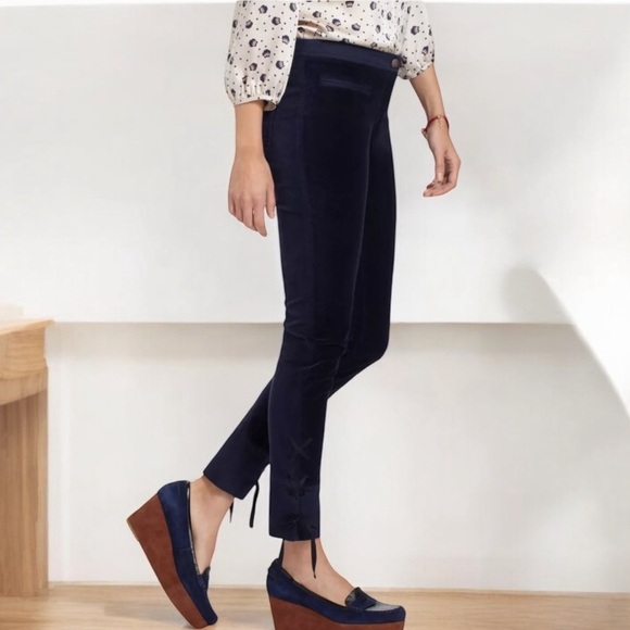 Anthropologie Leifsdottir Ankle Blue Velvet Plush Slims Pants Size 4 - Picture 2 of 8